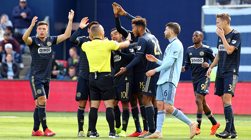 Philadelphia Union players react to a call in the first half against Sporting Kansas City at Children's Mercy Park.