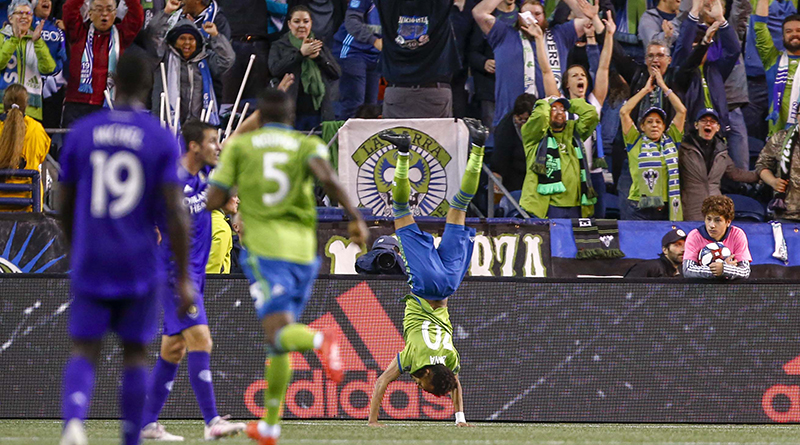 Seattle Sounders FC forward Handwalla Bwana celebrates after scoring a goal against the Orlando City during the second half at CenturyLink Field.