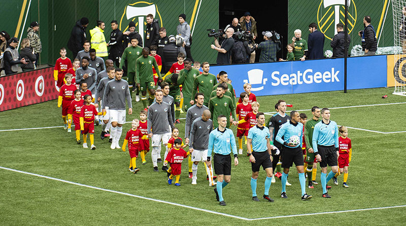 Portland Timbers and Minnesota United take the field before a game at Providence Park.