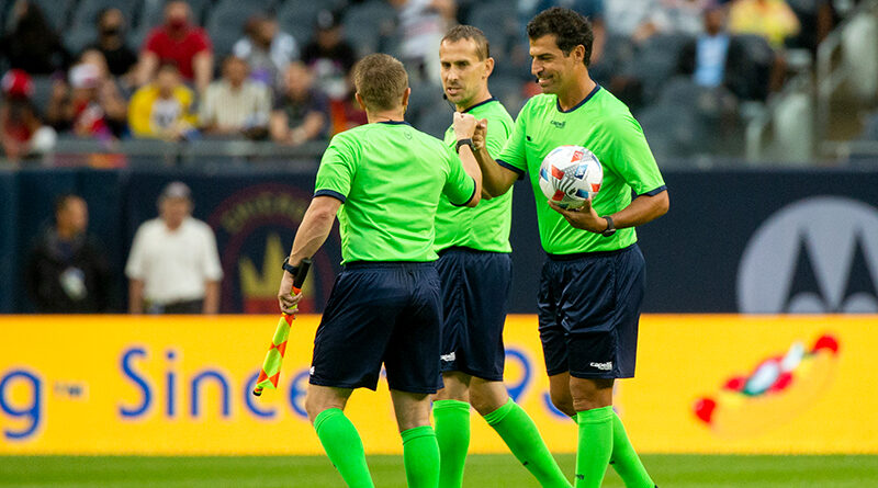 PRO officials Jeremy Kieso, Adam Wienckowski, and Fotis Bazakos together at an MLS game.