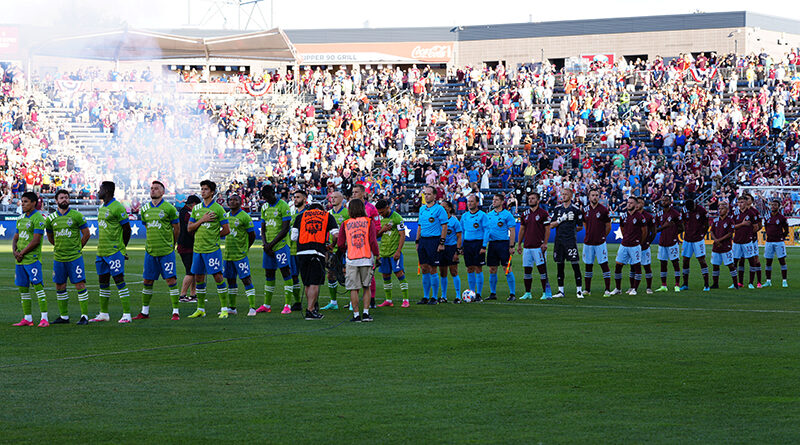 Members of the Colorado Rapids and Seattle Sounders prior to the game at Dick's Sporting Goods Park.