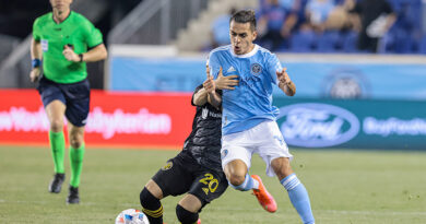 New York City FC forward Jesus Medina (19) fights for the ball against against Columbus Crew midfielder Alexandru Matan (20) during the second half at Red Bull Arena.