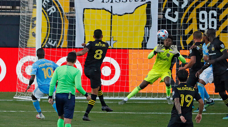 Columbus Crew SC midfielder Artur (8) shot is saved by Philadelphia Union goalkeeper Andre Blake (18) during the second half of their MLS game at Historic Crew Stadium in Columbus, Ohio on April 18, 2021.