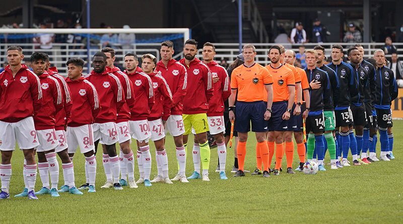 New York Red Bulls and San Jose Earthquakes before a game at PayPal Park on February 26, 2022 in San Jose, California. John Todd/ISI Photos.
