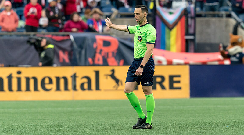 Referee Ismir Pekmic during a game between Minnesota United and New England Revolution at Gillette Stadium on June 19, 2022 in Foxborough, Massachusetts. Andrew Katsampes/ISI Photos.