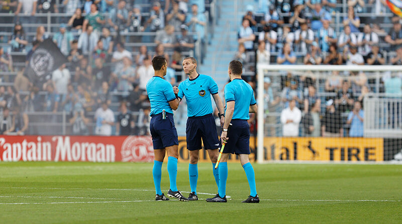 Referee crew before a game between FC Cincinnati and Minnesota United FC at Allianz Field on May 7, 2022 in St Paul, Minnesota.Jeremy Olson/ISI Photos.