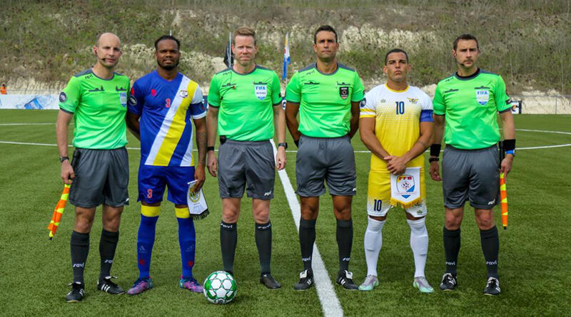 Micheal Barwegen, Drew Fischer, Marcos de Oliveira, Chris Wattam with the captains of U.S. Virgin Islands and Bonaire before a Nations League game in June.