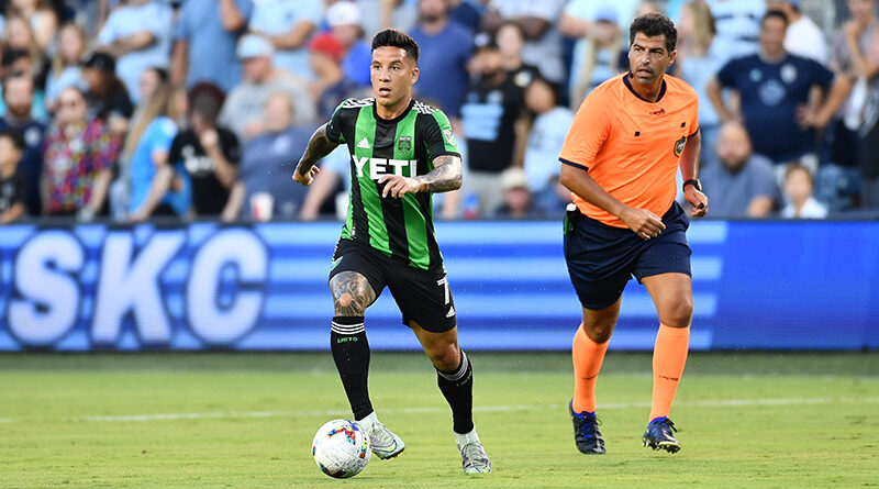 Sebastian Driussi #7 of Austin FC with the ball during a game between Austin FC and Sporting Kansas CityKansas at Children's Mercy Park on July 30, 2022 in Kansas City, United States.