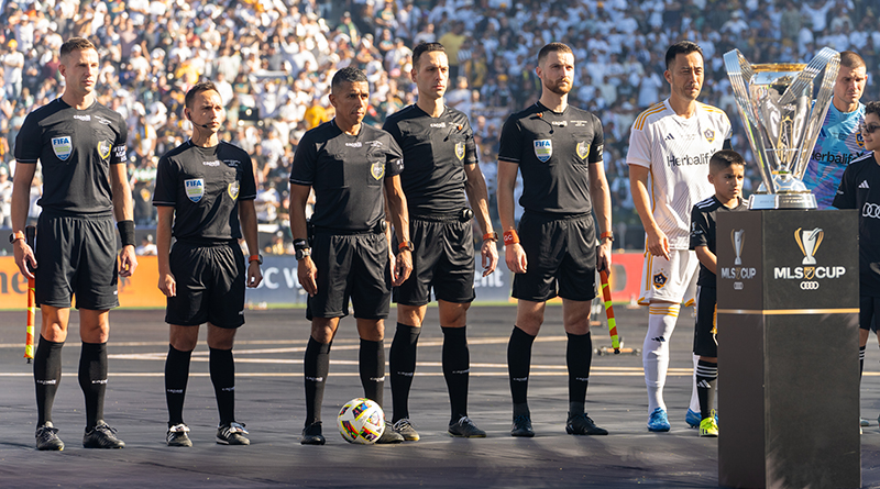 CARSON, CA - DECEMBER 7: MLS Pro Referee’s L-R Ismir Pekmic, Jose Da Silva, Guido Gonzales Jr, Logan Brown, Kyle Atkins with MLS Cup during a game between New York Red Bulls and Los Angeles Galaxy at Dignity Health Sports Park on December 7, 2024 in Carson, California.